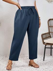 SHEIN Frenchy Quần vải lanh cỡ lớn, quần dài cạp cao màu sắc kỳ nghỉ có dây buộc phía trước - Màu xanh hải quân - Xem 2