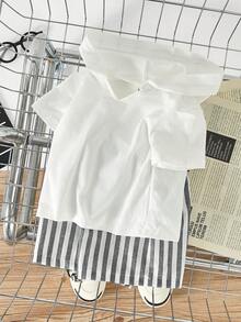 SHEIN Baby Boy Solid Color Hooded Top And Striped Shorts Set, Casual