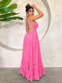 SHEIN SXY Đầm Hở Lưng Chiffon Quai Màu Hồng Cho Nữ Dự Tiệc Cưới Và Kỳ Nghỉ Hè - Hồng - Xem 4