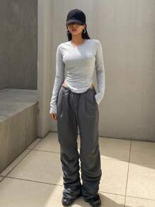 DAZY 女式春夏字母印花裹身下摆弧形下摆针织衫，秋季服装学院风上衣长袖女式上衣