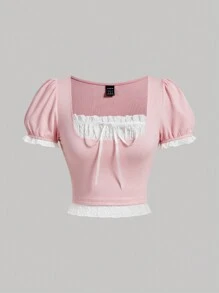 SHEIN MOD 灰色拼接花邊泡泡袖女士T恤