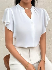 SHEIN Privé Spring Break Solid Notched Neckline Ruffled Short-Sleeved Women White Shirt Blouse - White - View 6