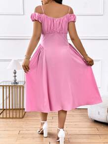 Celure Plus Size Summer Casual Solid Color Cold-Shoulder Ruched Dress With Cinched Waist