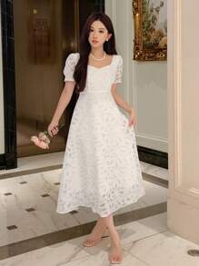 DAZY Women's White Floral Sweetheart Neckline Lace Short Sleeve Maxi Dress For Summer,Elegant Dates,Birthday New Year Eve Prom Sundress,Dress For Wedding - Beige - View 8