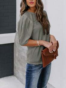 Women's Solid Short Sleeve Blouse Summer Crew Neck Casual Tops Fashion Puffed Sleeve Shirt