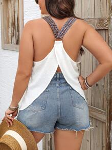 SHEIN LUNE Plus Size Tương phản Dây đeo vai thêu cổ điển Cami Top cho mùa xuân hè - trắng - Xem 1