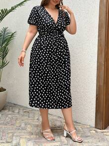 SHEIN Cottnline Plus Size Women's Printed Cinched Waist Puff Sleeve Dress - Black and White - View 4
