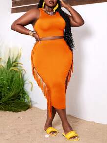 Slaydiva Plus Size Music Festival-Elastic Knit Plain Weave Wine Red Tank Top Fringed Skirt Two-Piece Set-A,Holiday Outfits