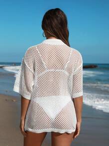 SHEIN Swim Women's Beach Cover Up Short Sleeve Hollow Out Knitted Kimono Cover Up Solid Color Summer
