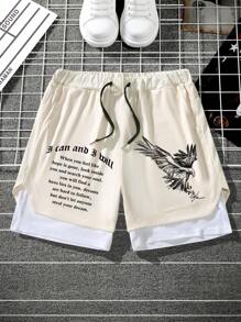 Manfinity EMRG Shorts d'été décontractés pour hommes avec imprimé de slogan d'aigle et taille à cordon de serrage 2 en 1 - Multicolore - Voir 6