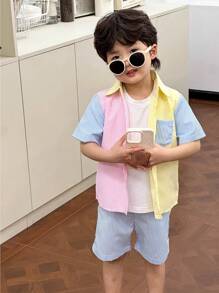 SHEIN Genkimix Kids Toddler Boys Striped Print Colourblock Shirt & Shorts - Multicolor - View 6