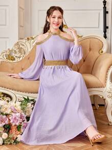 SHEIN Teen Girl Woven Solid Color Splicing Gold Ribbon Tassel Off-Shoulder Long Casual Dress