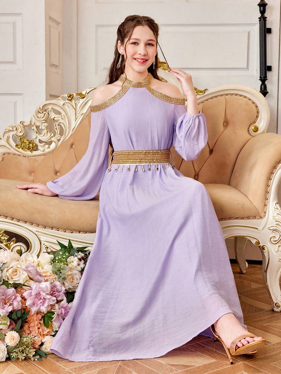 SHEIN Teen Girl Woven Solid Color Splicing Gold Ribbon Tassel Off-Shoulder Long Casual Dress