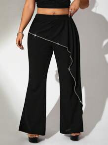 SHEIN ICON Y2k Women's Plus Size Fitted Flared Pants With Chain Trim Detail Decoration Black Pants Rave Festival Concert Summer - Black - View 2