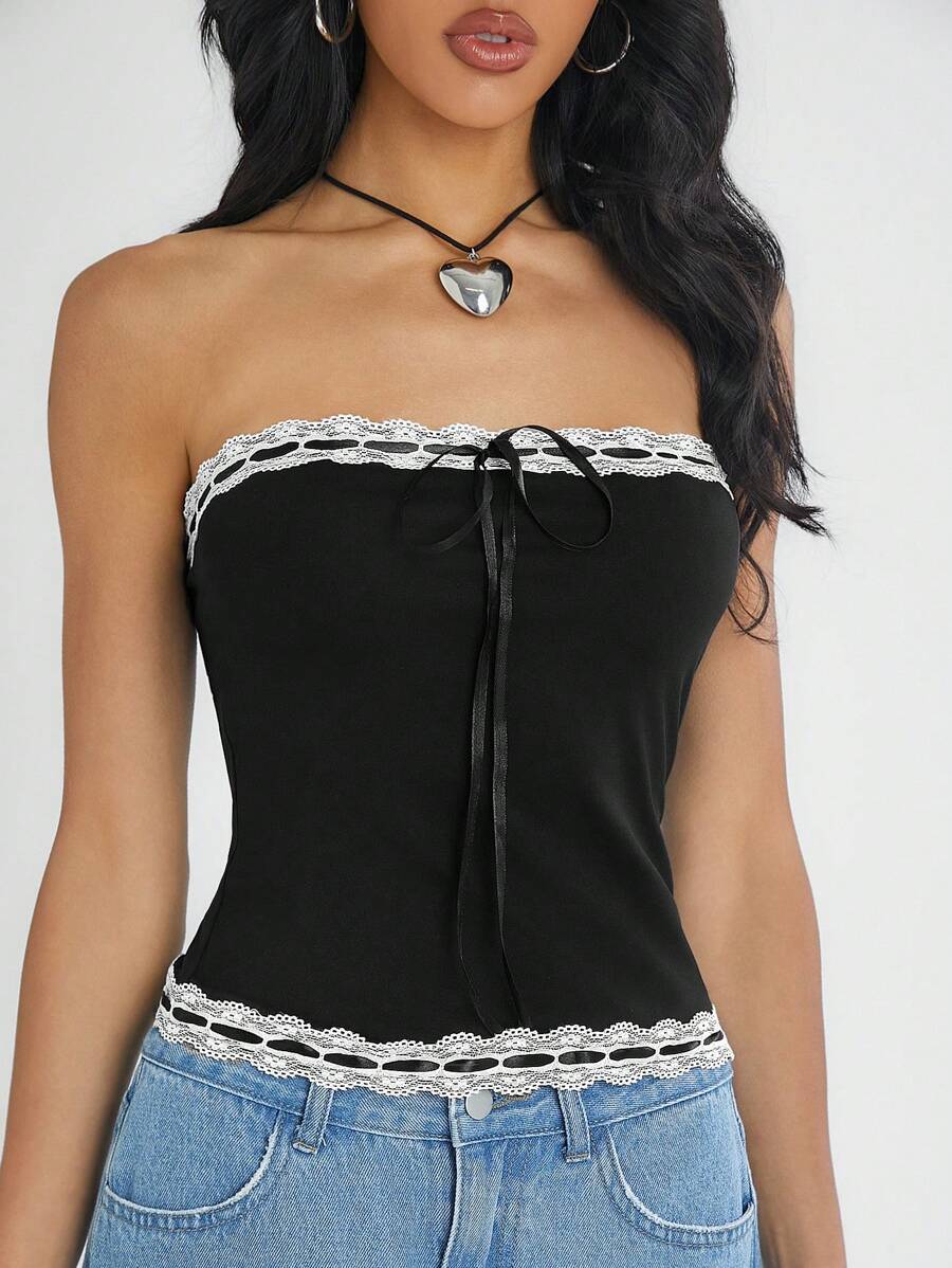 SHEIN EZwear 春夏季復古甜美蕾絲拼接無肩帶上衣，配帶緞帶蝴蝶結