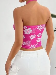 SHEIN EZwear 花卉印花針織領背式修身荷葉邊收緊罩衫 - 彩色 - 查看 2
