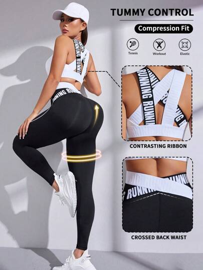 Easithlete Conjunto deportivo de leggings y cinta para la cintura con diseño de letras para mujeres