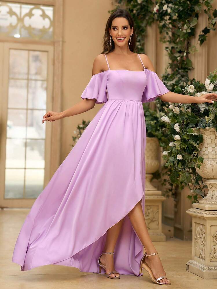 Elegant Flutter Sleeve High-Low Bridesmaid Cami Dress