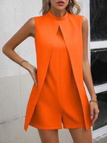 SHEIN Clasi Tuta intera senza maniche di colore solido per donna, adatta per l'uso quotidiano - Arancione - Visualizzare 1