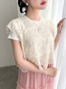 FRIFUL Women's Plain Simple Lace Decorated Tank Top - White - View 5