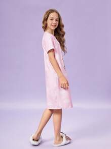Tween Girl Cat Printed Short-Sleeved Sleep Dress With Round Neck, Home Wear - Baby Pink - View 2