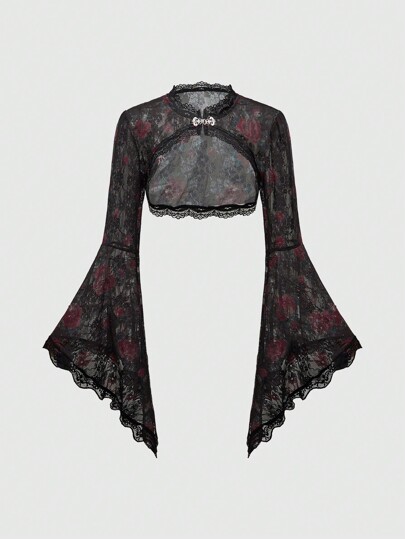 Goth Gothic Style Rose Print Lace Detail Women's Bell Sleeve Top