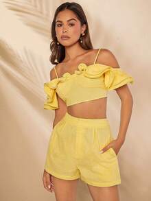 SHEIN Unity Top de lino corto con tirantes de hombro descubierto y volantes - Amarillo - Ver 4