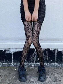ROMWE Goth 1pair Women Floral Pattern Fishnet Tights