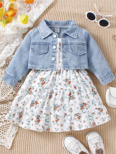 SHEIN Vintaside Kids Baby Girl Flap Pocket Denim Jacket & Floral Print Ruffle Hem Cami Dress