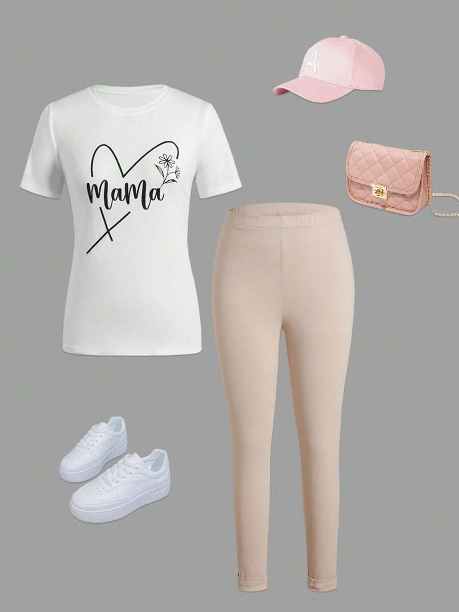 女士白色圓領T恤+灰色底層褲，親子裝（2套分開售賣） - 白色 - 查看 1