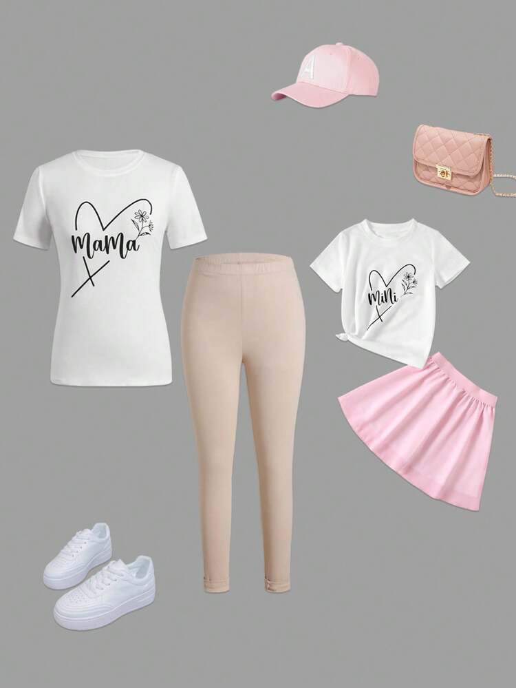 Women White Round Neck T-Shirt + Gray Base Layer Pants, Family Matching Outfits (2 Sets Are Sold Separately)