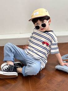 SHEIN 1pc Baby Boy Cute & Fun Slogan Printed Round Neck Short Sleeve T-Shirt, Spring/Summer - White - View 3