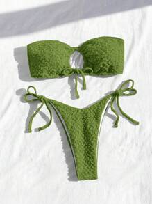SHEIN Swim Ensemble bikini bandeau unicolore avec lacets pour femme, avec découpe ajourée pour les vacances - Vert - Voir 4