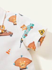 Cozy Pixies Baby Boy Cartoon Animal Pattern Turn-Down Collar Short Sleeve Shirt With Casual Shorts, 2pcs/Set