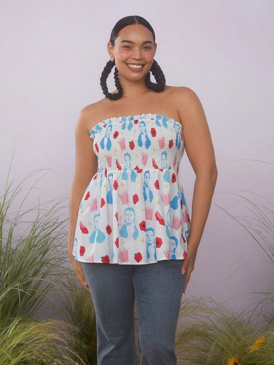 The Wizard of Oz X SHEIN Cộng với kích thước hình và hoa in diềm xếp nếp Shirred vạt áo Ruffle Hem Tube Top - trắng - Xem 1