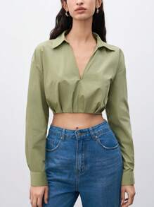 SHEIN Unity Women's Spring & Summer Casual Long Sleeve Half Cut Shirt - Army Green - View 6
