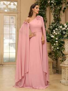 SHEIN Belle 3D Flower, Chiffon, Asymmetrical Neck Bridesmaid Dress With Graceful Sleeves (Heavy Industry) Formal Ball Gown For Women, Elegant Long Sleeve Prom Evening Wedding Guest Dress, For Graduation, Dinner Party Dress