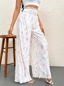SHEIN Privé Women's Summer Elegant, Floral Printed, Pleated High Waisted Long Pants, Perfect For Daily Wearing, Vacation, Party, Music Festival And Ins