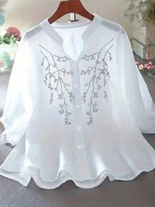 女士优雅休闲印花V领衬衫，适合花园派对、海滩、通勤、工作、春夏穿着，白色 - 白色 - 查看 1