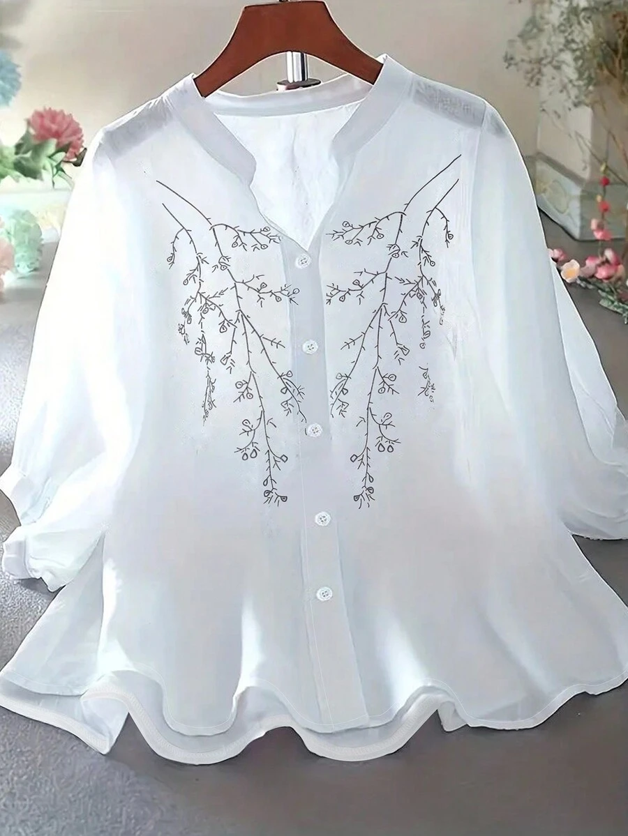 女士优雅休闲印花V领衬衫，适合花园派对、海滩、通勤、工作、春夏穿着，白色 - 白色 - 查看 1