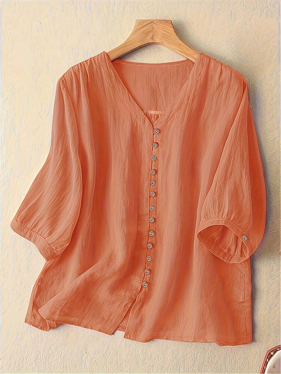 Women's Retro Loose Casual Slimming Summer Blouse - Orange - View 1