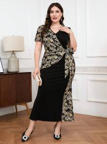 Modelyn Summer Plus Size Women's Fashionable Wrap Design Elegant Printed Dress Long Evening Dresses - Black - View 3