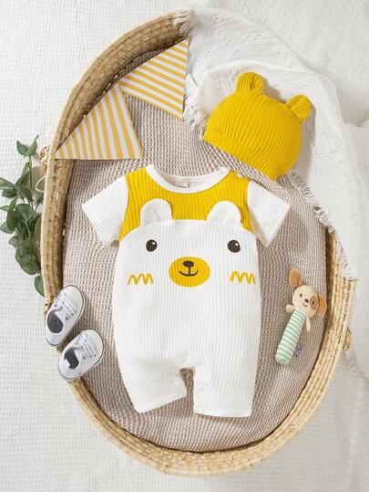 SHEIN Baby Boys Round Neck Cartoon Printed Short Sleeve Romper For Summer