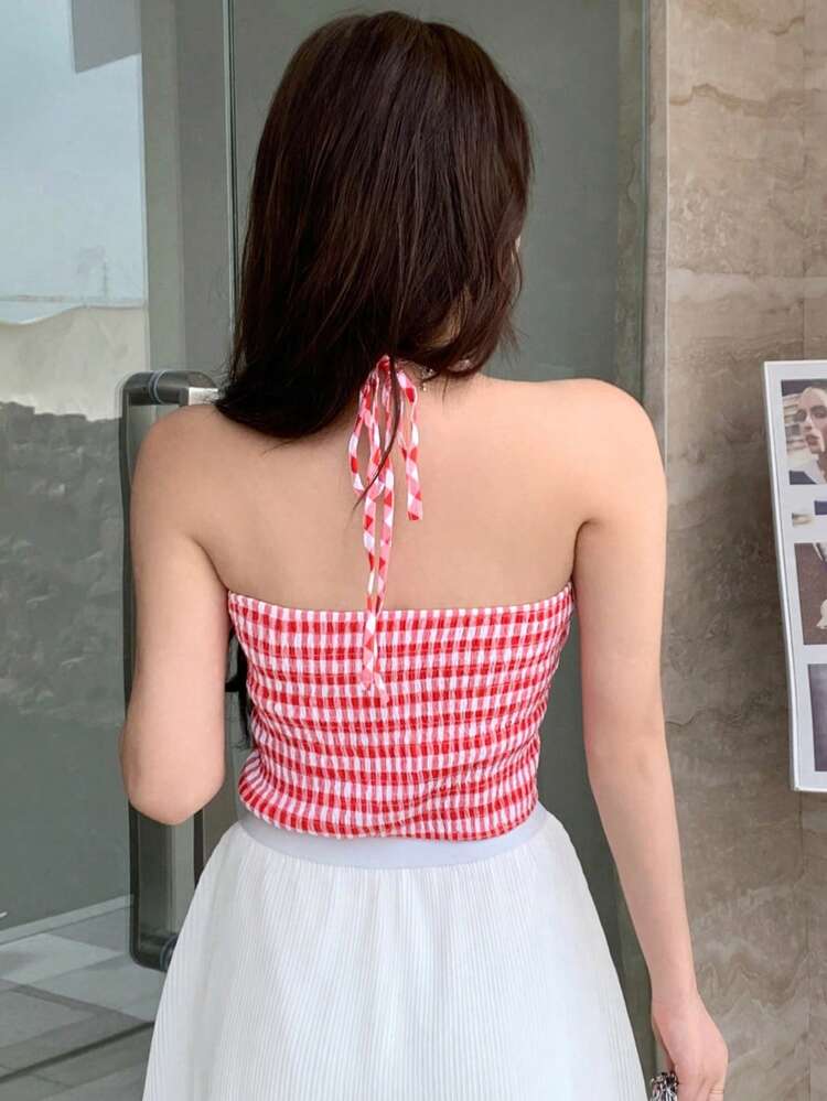 Women Casual Plaid Splice Lace Crop Top With Halter Neck For Summer Tank Tops