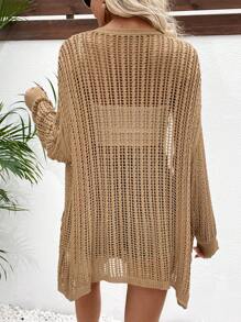 Breezaya Women's Solid Color Hollowed Texture Cardigan With Pockets, Perfect For Vacation - Khaki - View 2