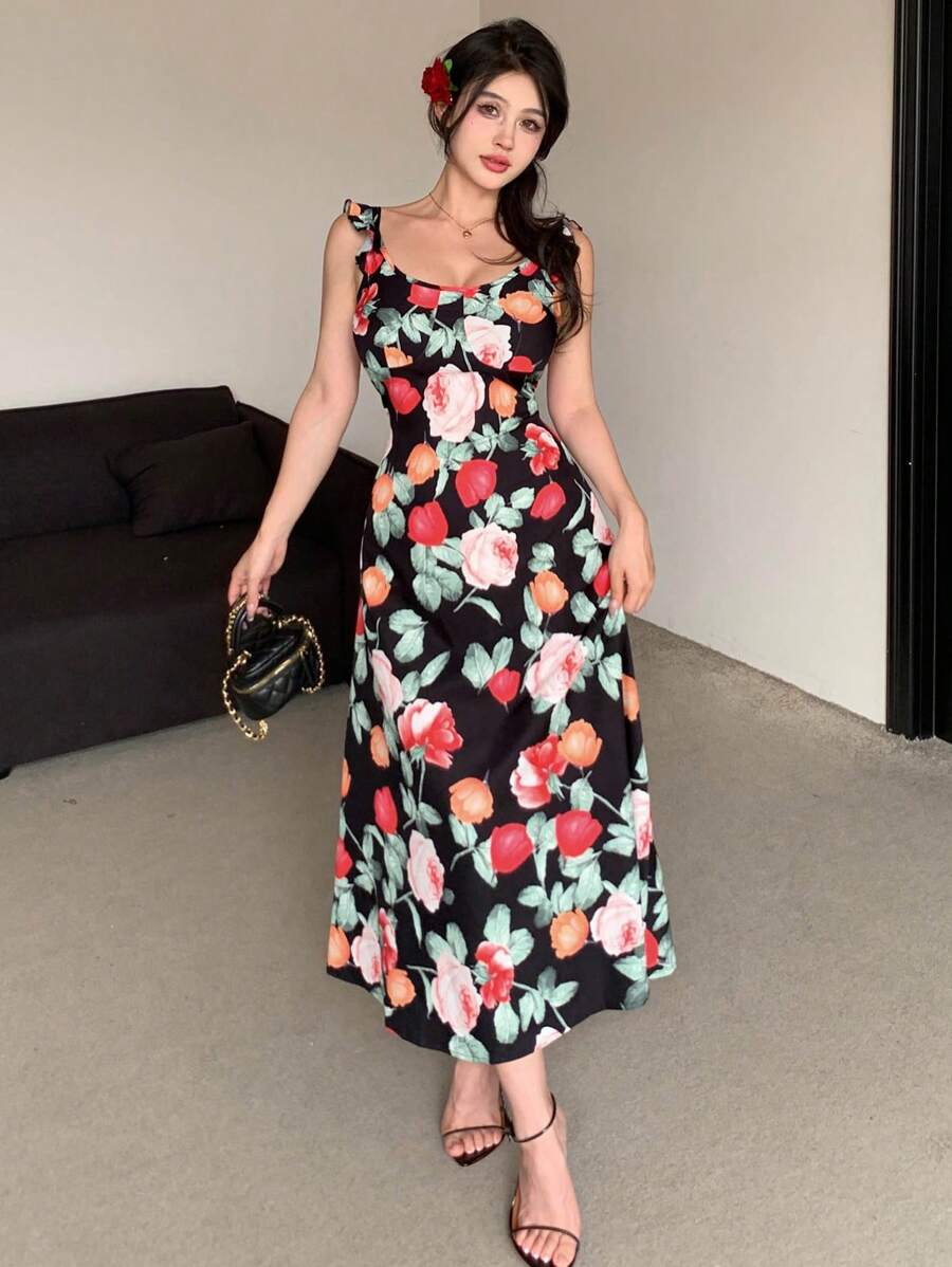 DAZY Women's Random Floral Allover Print Dress - Black - View 1
