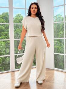 SHEIN EZwear Women Plus Size Batwing Sleeve T-Shirt And Straight Pants Solid Color Two-Piece Set - Apricot - View 6