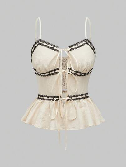 Kawaii Women's Summer Splice Lace Halter Top With Ruffled Hem And Front Tie Casual Cami