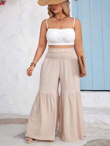 SHEIN VCAY Calça de Plus Size feminina em retalhos na cor caqui claro com bolsos laterais para feriados