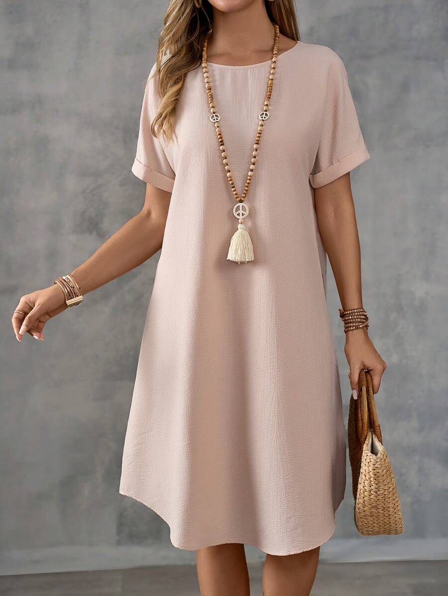 EMERY ROSE 女士純色簡約日常短袖連衣裙 - 杏色 - 查看 1